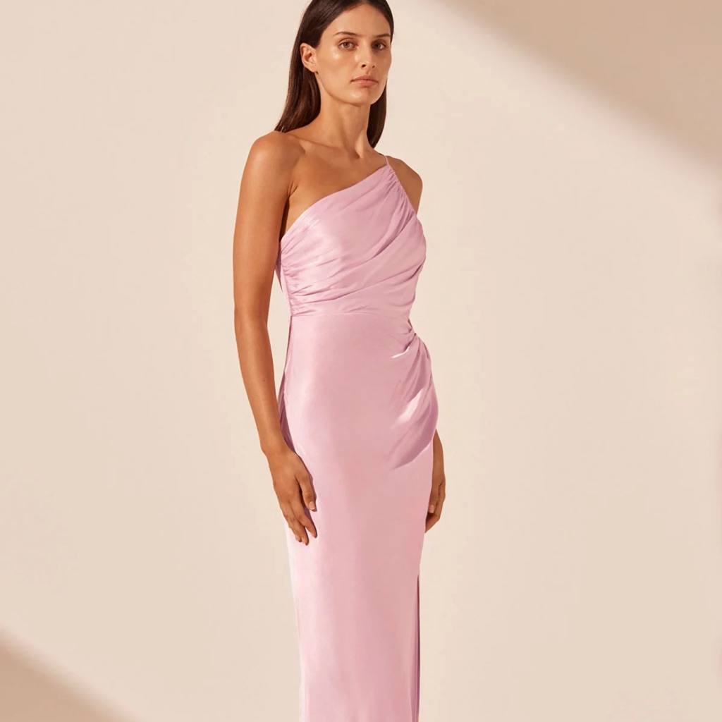 Shona Joy Pink Asymmetrical Ruched Gown